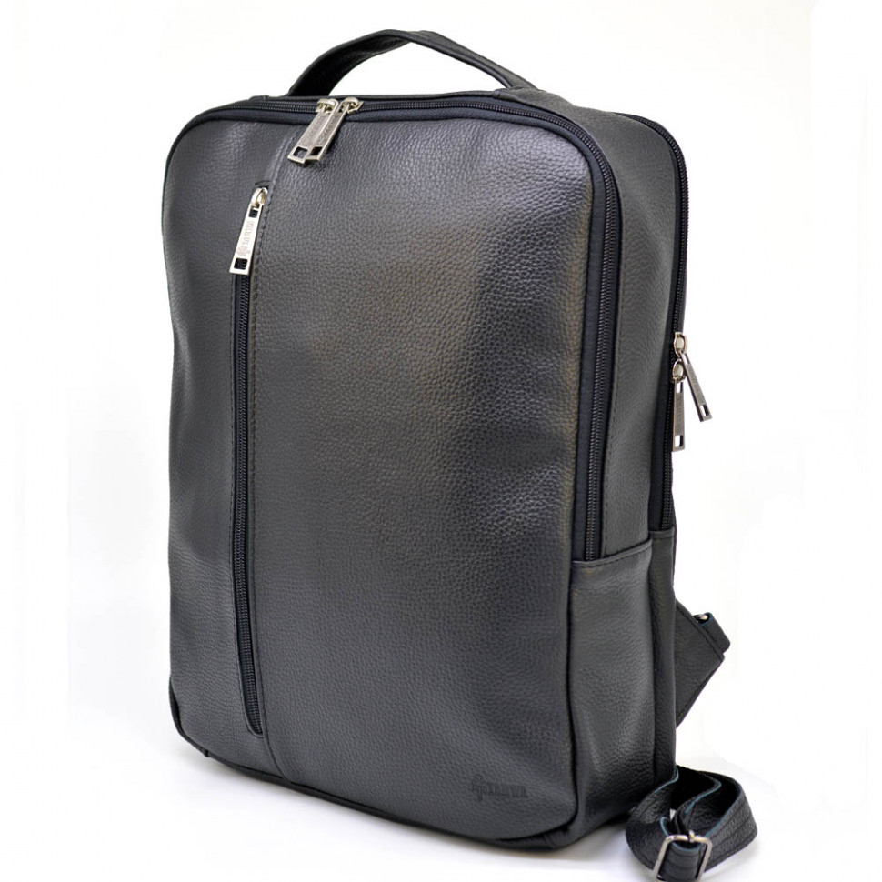 Шкіряний чоловічий рюкзак чорний на два відділи універсальний