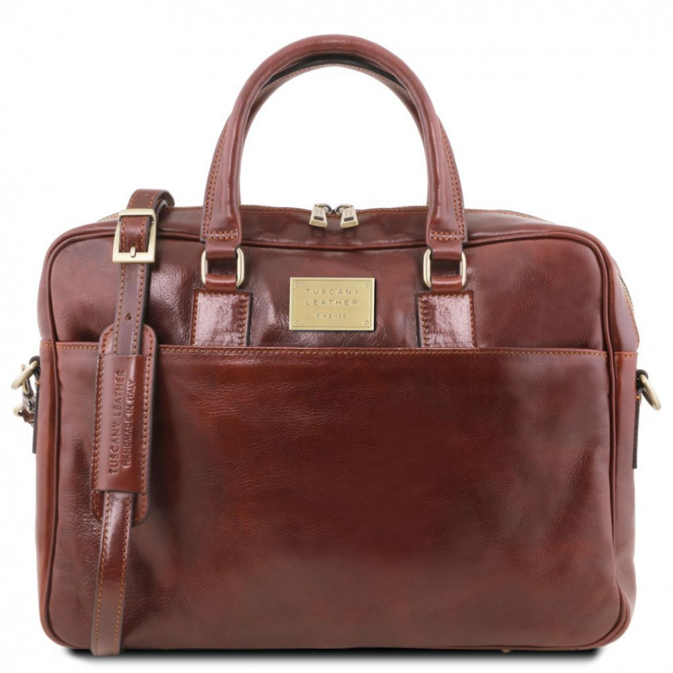 Шкіряна сумка портфель для ноутбука на два відділення Коричнева Tuscany Leather Urbino
