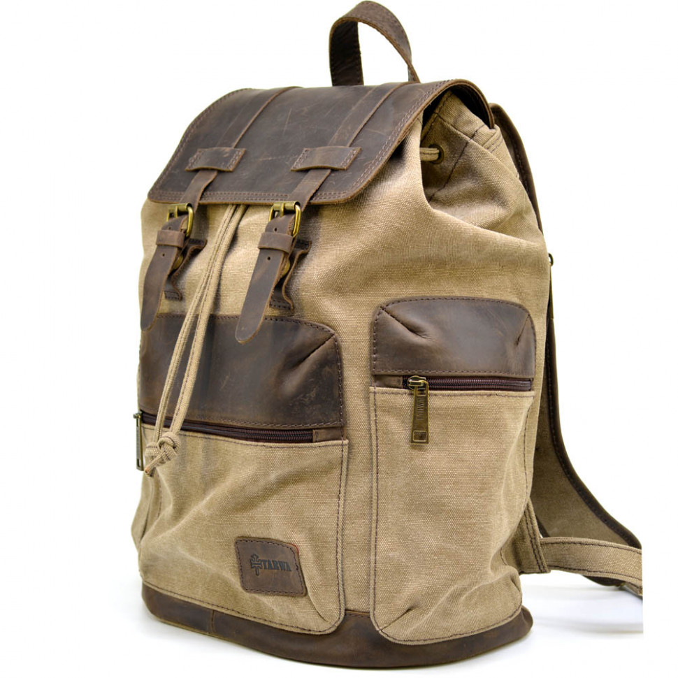 Тканинний рюкзак чоловічий з парусини canvas і шкіри Світло-коричневий