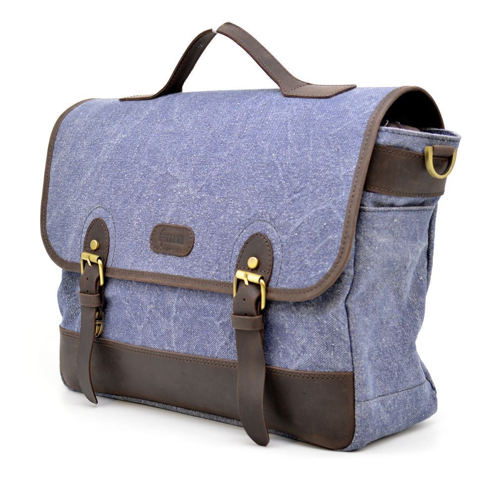 Портфель для чоловіків з тканини,сумка офісна з шкіряними вставками Синій