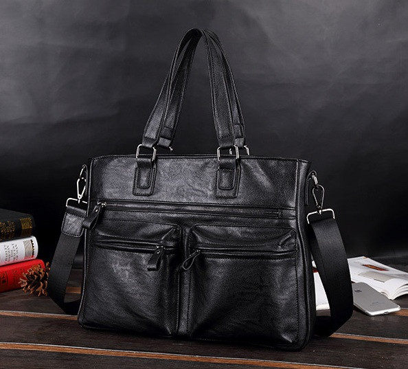 Чоловіча сумка для ноутбука,  портфель-сумка формат А4 для документів з екошкіри (Чорна)