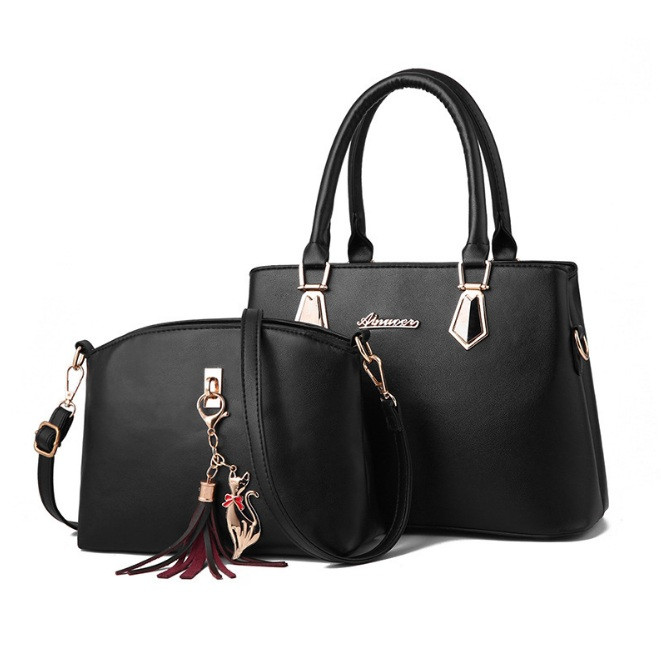 Набір жіноча сумка через плече+міні сумочка клатч з брелоком з екошкіри (Чорний)