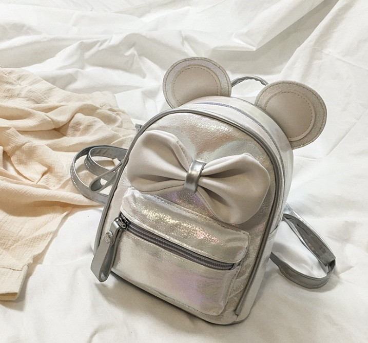 Маленький дитячий рюкзак Міккі Маус з вушками і бантиком, міні-рюкзачок для дівчаток блискучий (Сріблястий)