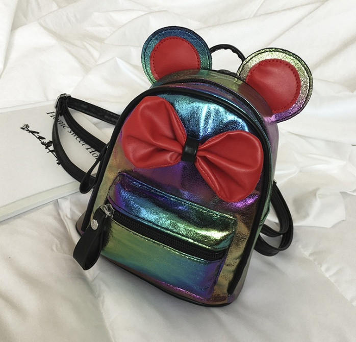 Маленький дитячий рюкзак Міккі Маус з вушками і бантиком, міні-рюкзачок для дівчаток блискучий Хамелеон