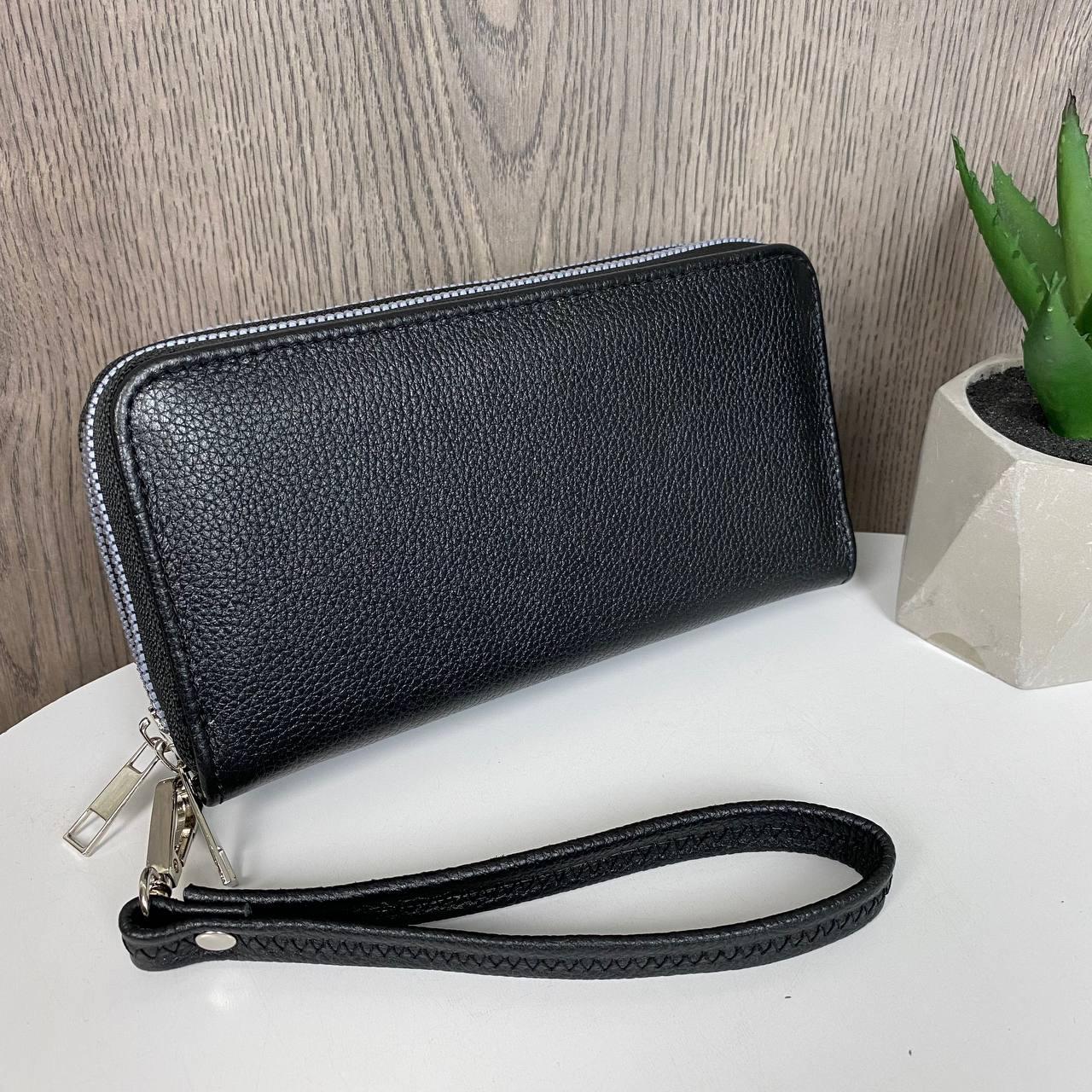 Жіночий шкіряний кланч гаманець стильний і модний ✔ Клатч-кошелек з натуральної шкіри чорний на блискавиці