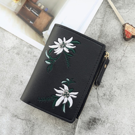 Жіночий міні-гаманець із вишивкою квітками (Чорний)