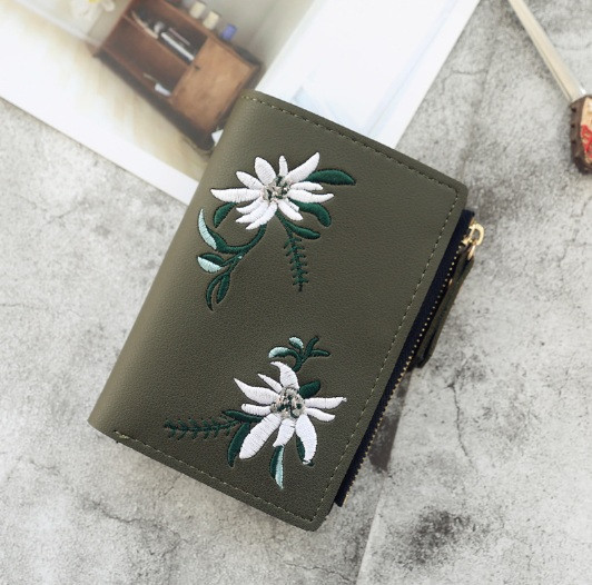 Жіночий міні-гаманець із вишивкою квітками (Зелений)