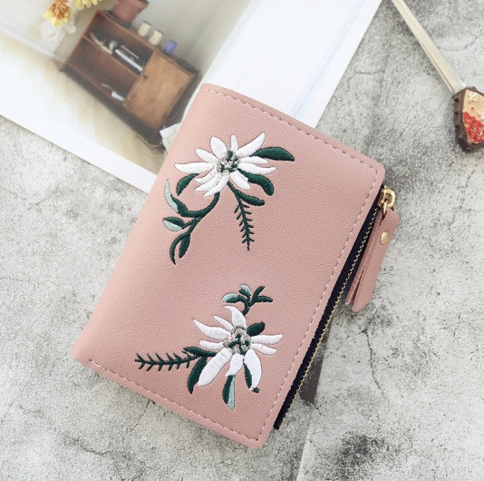 Жіночий міні-гаманець із вишивкою квітками (Рожевий)