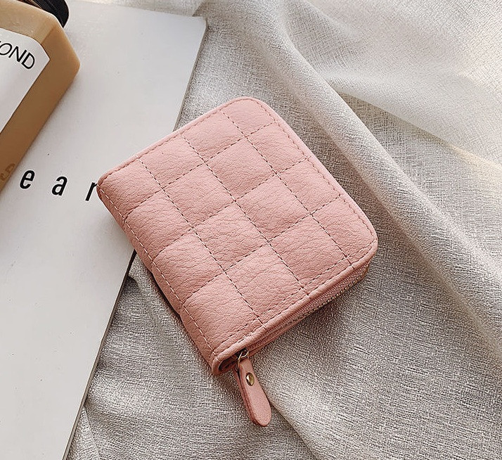 Жіночий міні-гаманець стьобаний на блискавці з екошкіри (Рожевий)