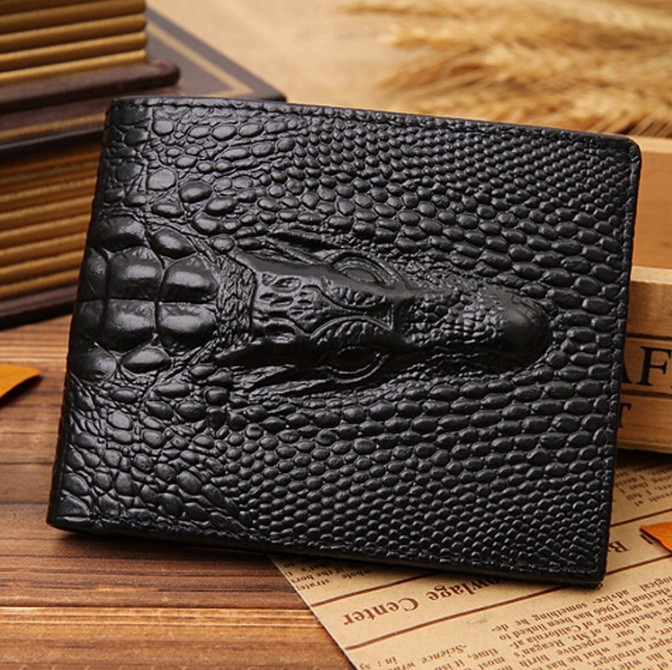 Чоловічий шкіряний гаманець-портмане з крокодилом (Чорний)