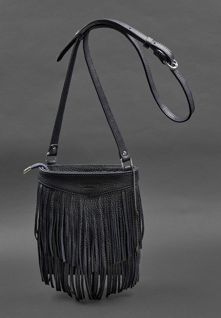 Шкіряна жіноча сумка з бахромою, сумочка міні-кроссбоді на плече Fleco (Темно-синя)