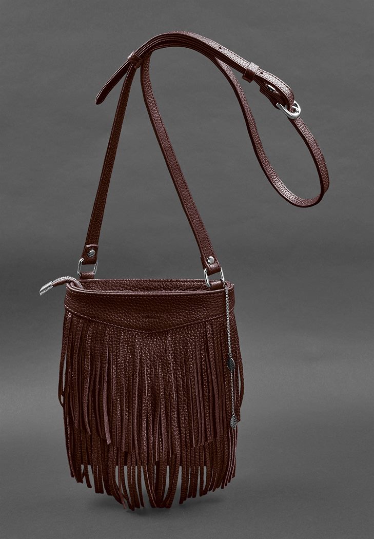 Шкіряна жіноча сумка з бахромою, сумочка міні-кроссбоді на плече Fleco (Бордова)