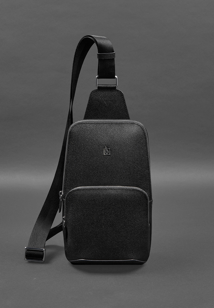 Шкіряний чоловічий рюкзак (сумка-слінг) на одне плече  Saffiano (Чорний)