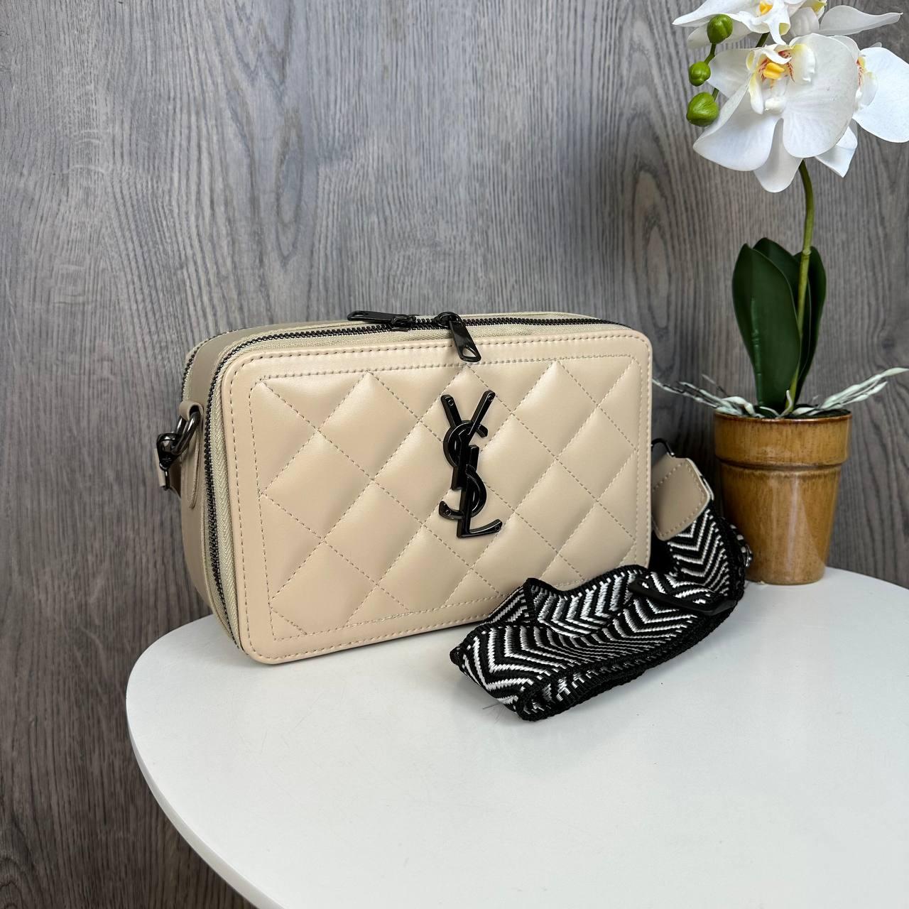 Модна жіноча міні сумочка клатч YSL екошкіра, стильна сумка на плече стьобана Бежева