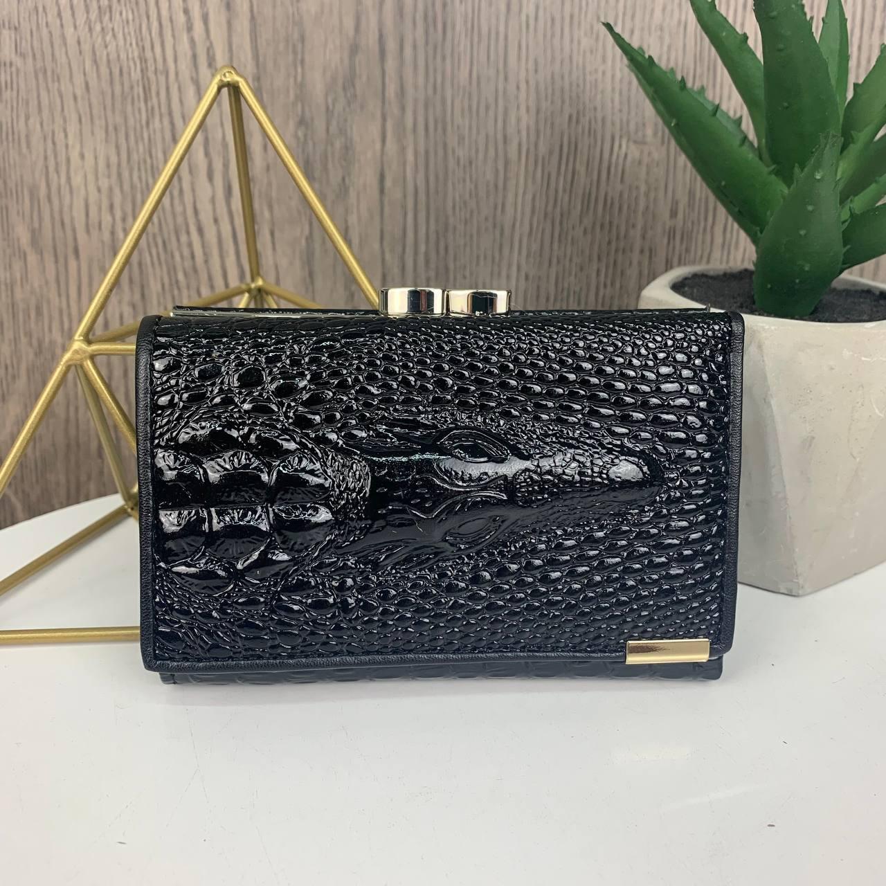 Жіночий шкіряний гаманець з крокодилом міні-клатч портмоне з крокодилом із натуральної шкіри Чорний