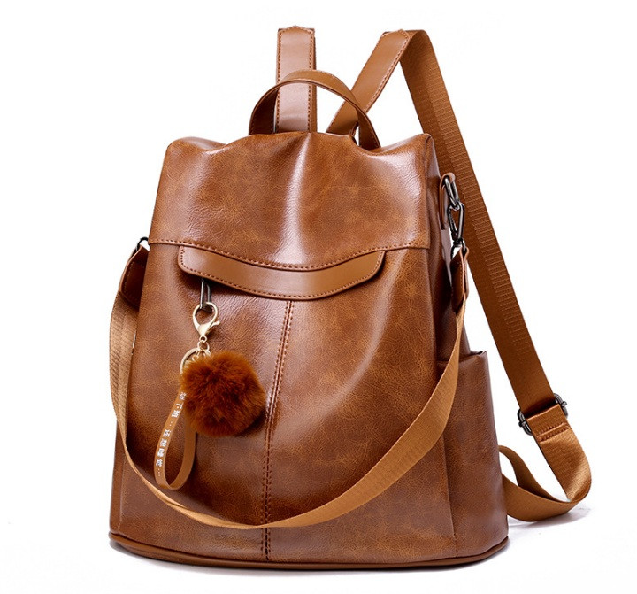 Жіночий рюкзак сумка з хутряним брелоком Світло-коричневий