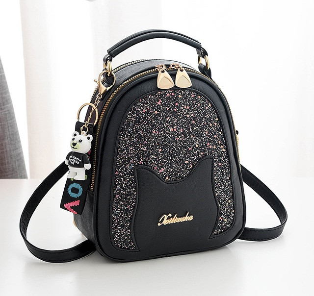 Жіночий міні-рюкзачок сумочка 2 в 1 з брелоком, маленький рюкзачок сумка з блискітками Чорний