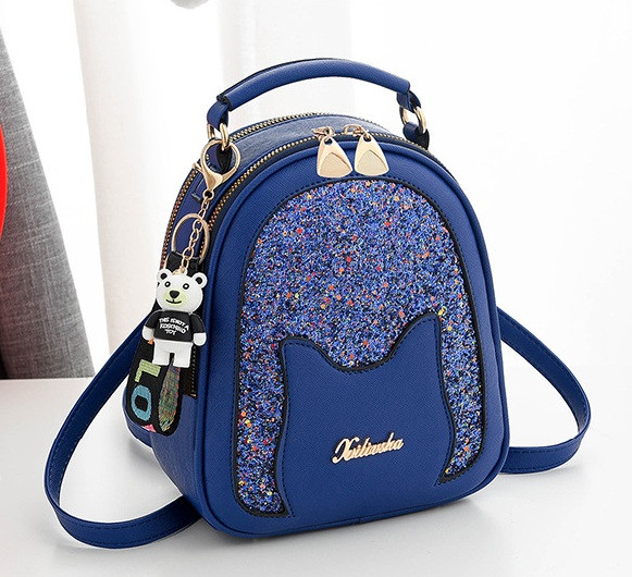 Жіночий міні-рюкзачок сумочка 2 в 1 з брелоком, маленький рюкзачок сумка з блискітками Синій