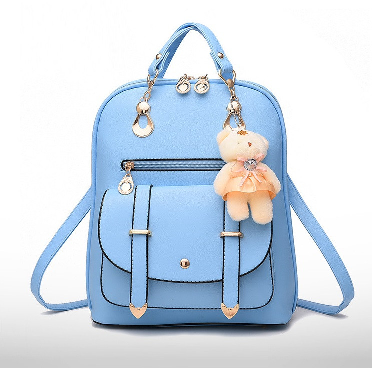 Жіночий рюкзак-сумка 2 в 1 з брелоком ведмедиком | Рюкзачок сумочка жіноча | Сумка-рюкзак для дівчат Блакитний