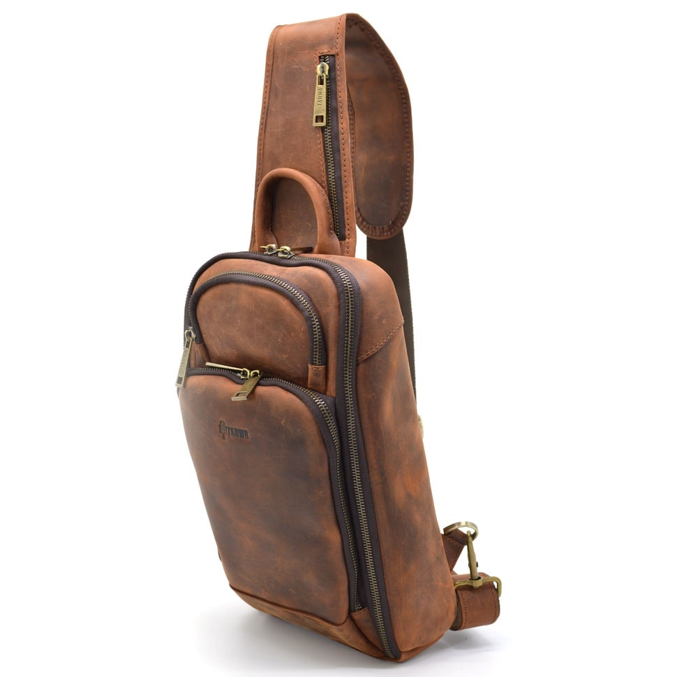 Шкіряний рюкзак слінг на одне плече TARWA RY-0910-4lx коньячний колір