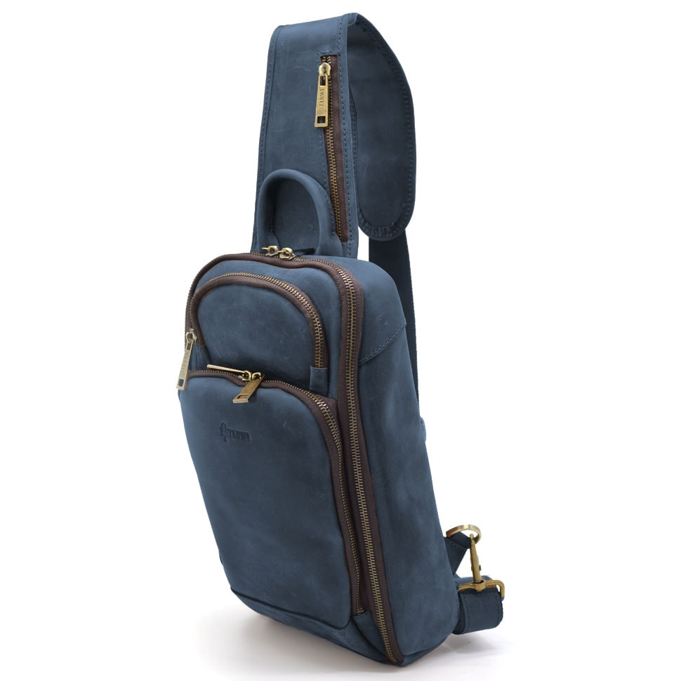 Шкіряний рюкзак слінг на одне плече TARWA RK-0910-4lx синій колір