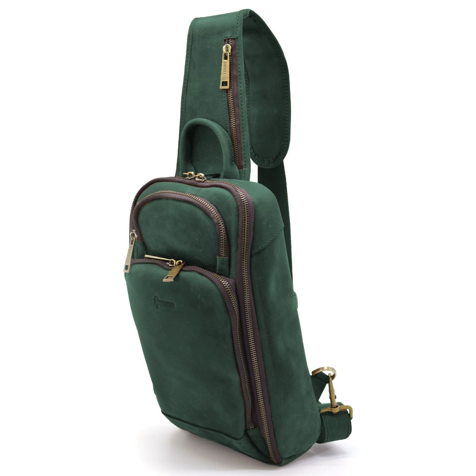 Шкіряний рюкзак слінг на одне плече TARWA RE-0910-4lx зелений колір