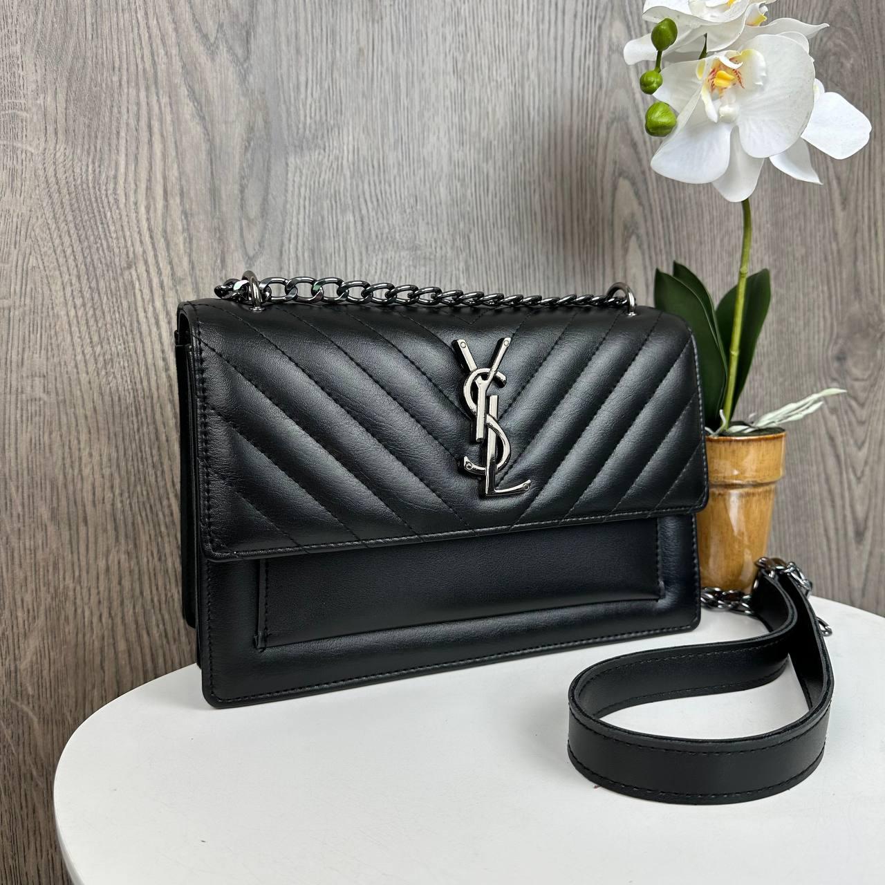 Стильна жіноча міні сумочка клатч YSL з ланцюжком, маленька сумка з віночком брелоком чорна люкс якість