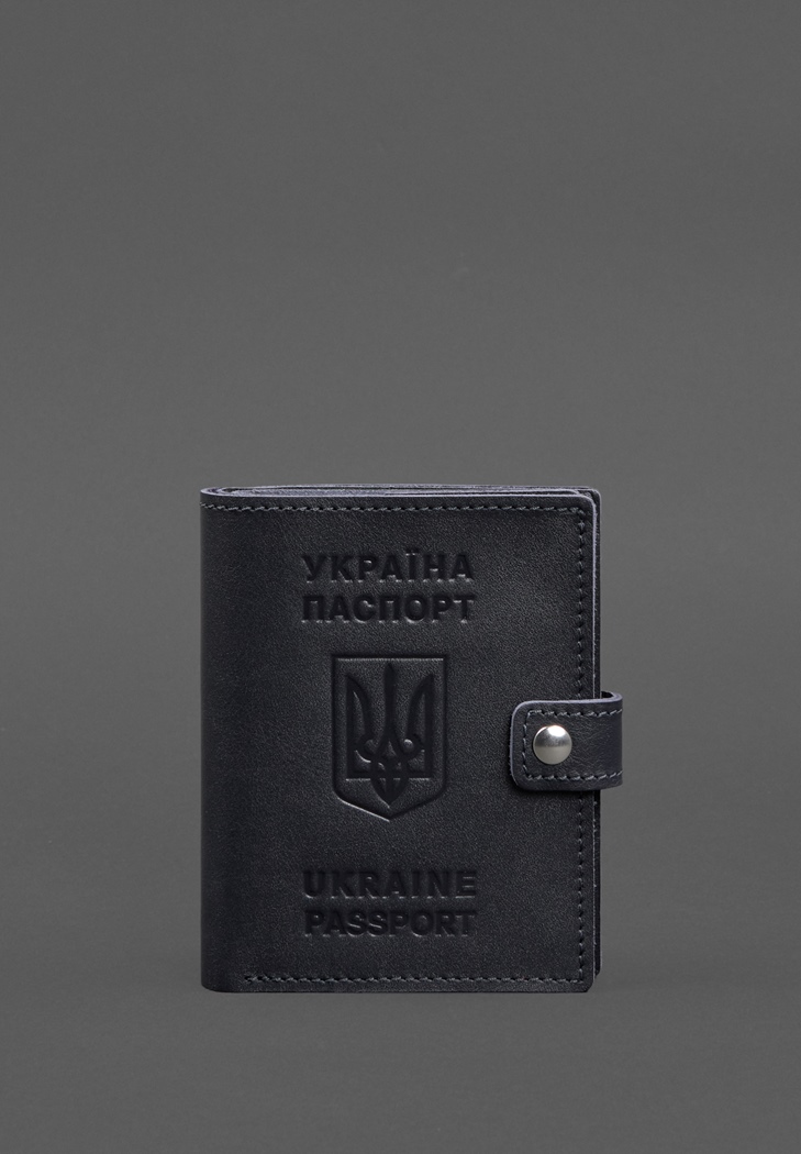 Шкіряна обкладинка-портмоне на паспорт з гербом України 25.1 темно-синя