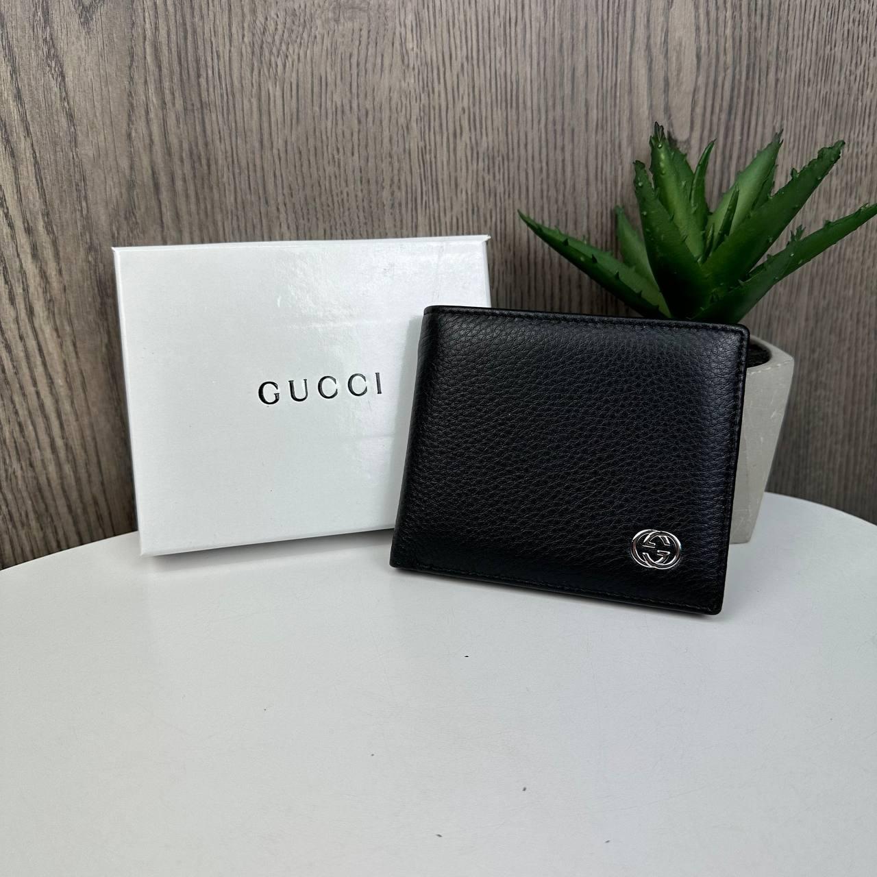 Чоловічий шкіряний гаманець портмоне Gucci люкс якість у коробці Чорний