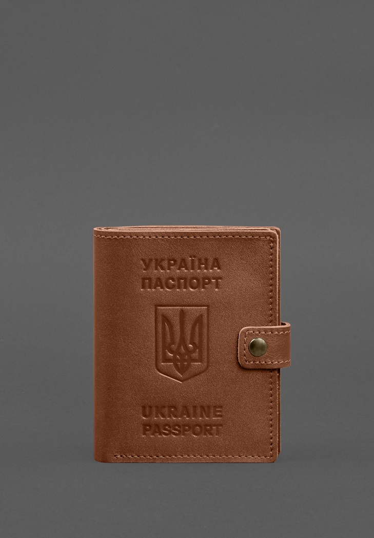 Шкіряна обкладинка-портмоне на паспорт з гербом України 25.1 Світло-коричнева