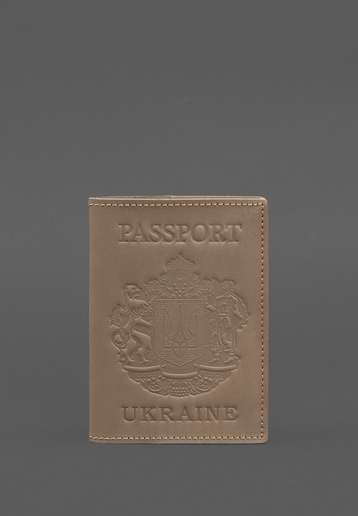 Шкіряна обкладинка для паспорта з українським гербом світло-бежева