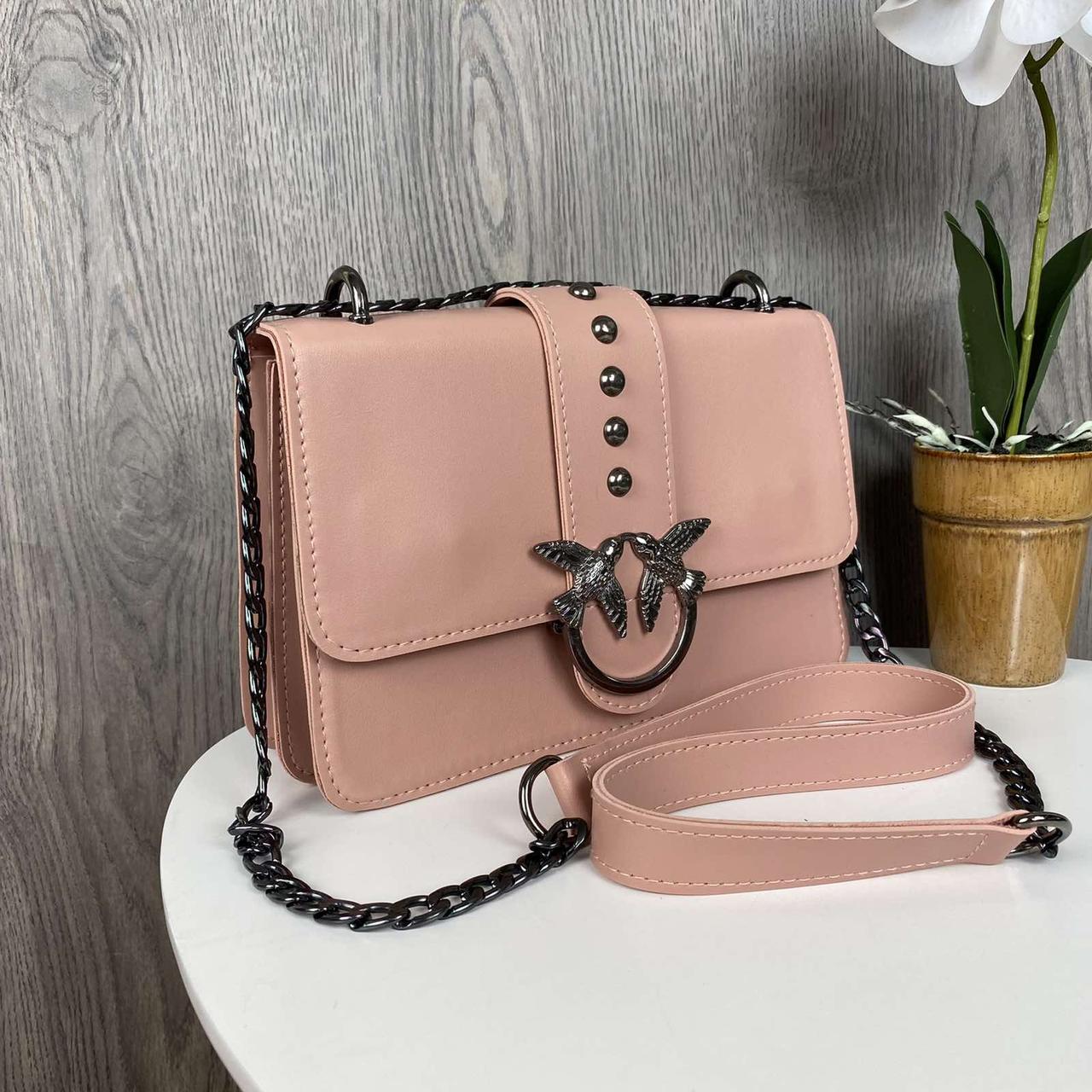 Жіноча міні сумочка клатч у стилі Pinko з пташками. Маленька сумка на ланцюжку Пінко пташка бордова зелена Рожевий