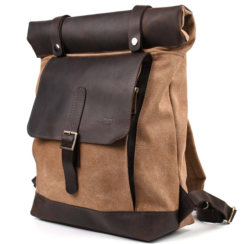 Рол-ап рюкзак зі шкіри та кавовий канвас TARWA RCc-5191-3md