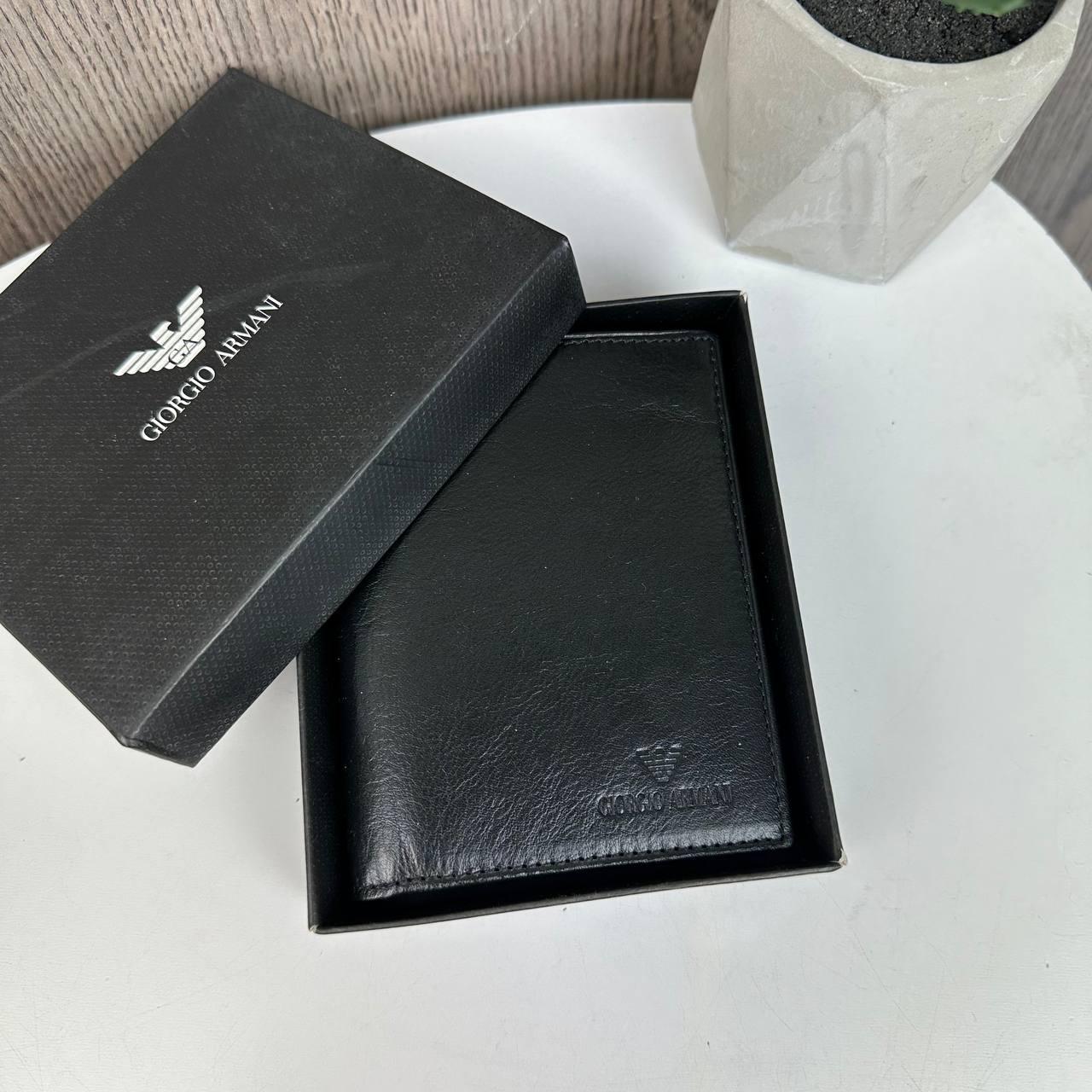 Чоловічий шкіряний гаманець портмоне стиль чорний Армані в коробці Armani
