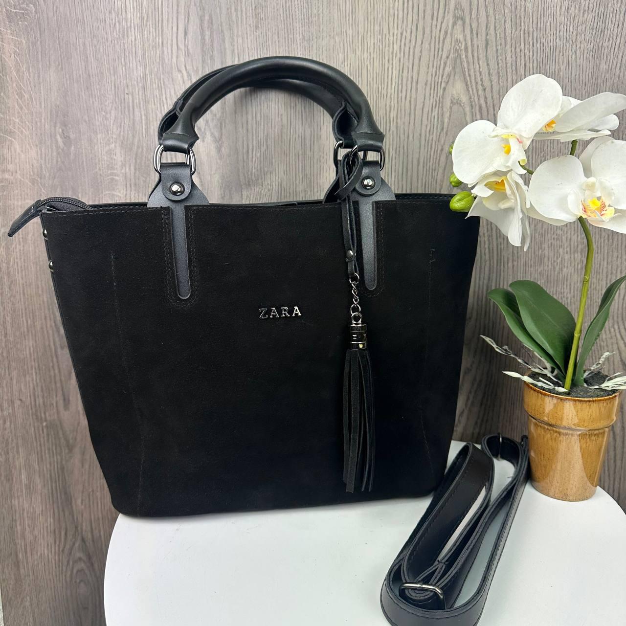 Жіноча замшева сумка стиль Zara, велика чорна сумочка Зара натуральна замша з віночком