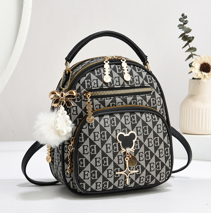 Жіночий мінішпалька з брелоком, маленька сумка-рюкзачок для дівчат хутряною кулькою Чорний