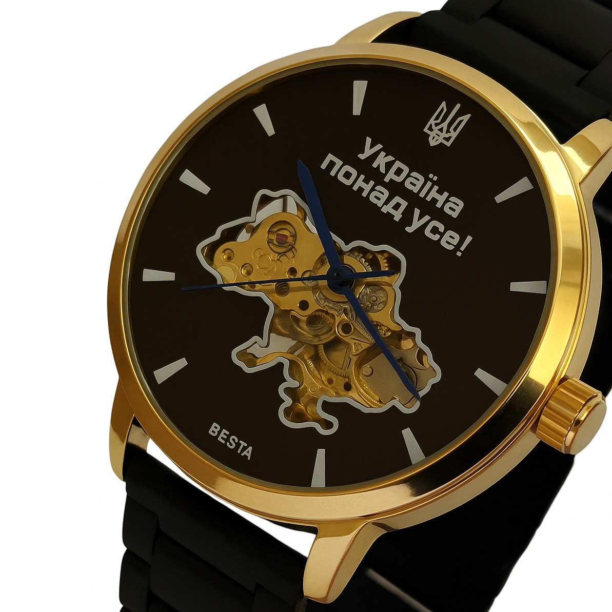 Годинник чоловічий Besta Skeleton Gold Black Metal, 2 ремінці