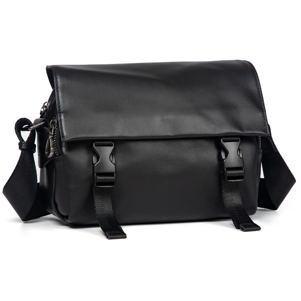 Шкіряна сумка через плече чорна з фастексами середня John McDee JD1105AS