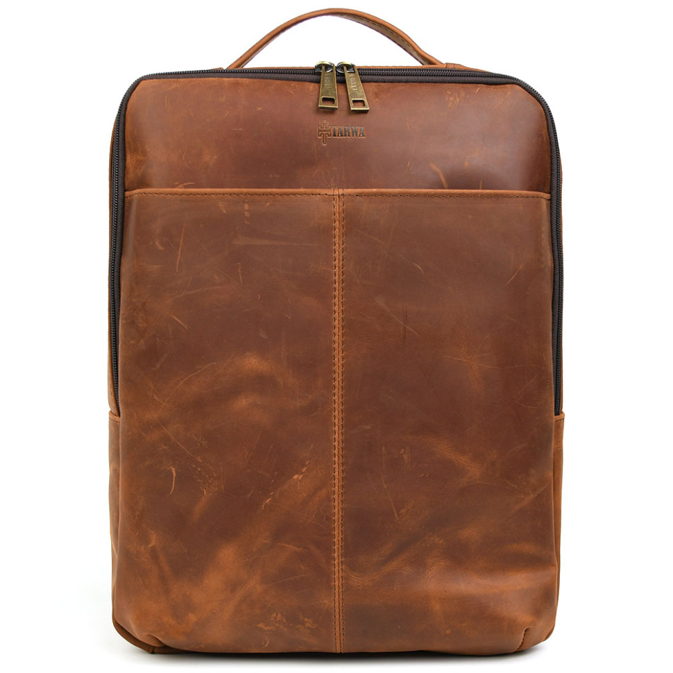 Шкіряний чоловічий рюкзак коньячний RB-7281-3md з передньою кишенею на блискавці