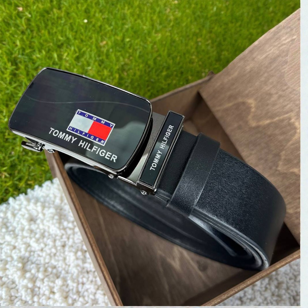 Чоловічий шкіряний ремінь автомат-стиль Tommy Hilfiger, пояс із натуральної шкіри Томмі Хілфігер чорний