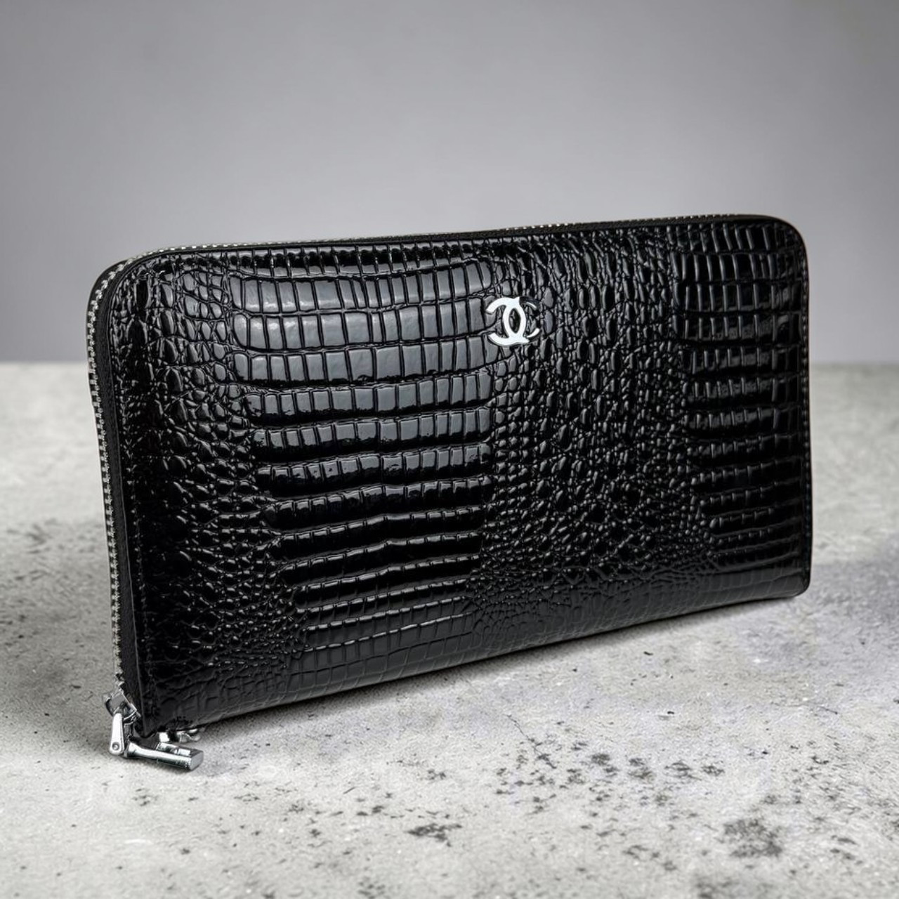 Жіночий шкіряний гаманець лаковий стиль Шанель, якісний клатч рептилія в коробці Chanel Чорний