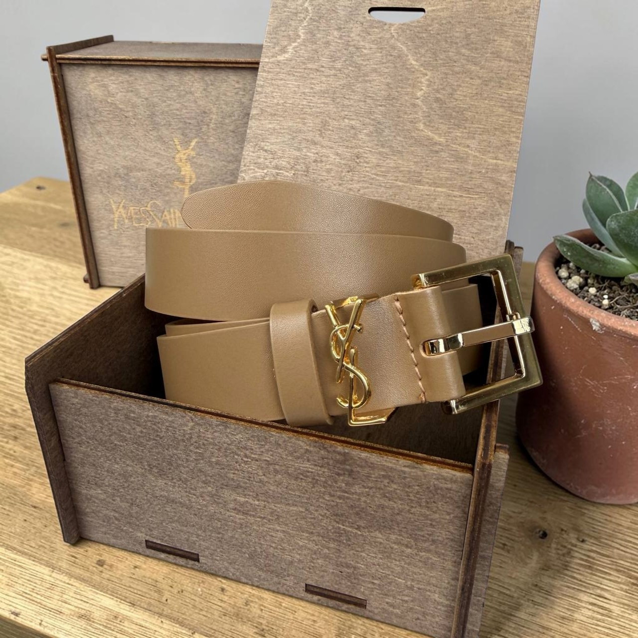 Жіночий шкіряний ремінь бежевий ЮСЛ, поясний ремінь із натуральної шкіри YSL кавовий