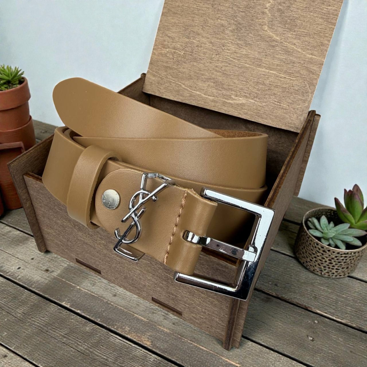 Жіночий шкіряний ремінь бежевий ЕСЛ, поясний ремінь із натуральної шкіри YSL кавовий Бежевий зі сріблом