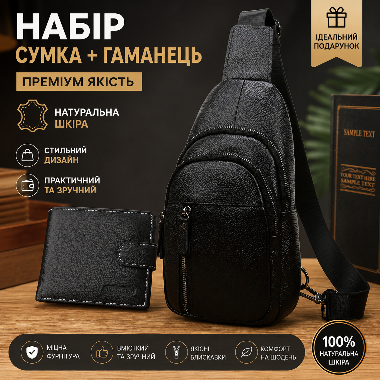 Подарунковий набір із натуральної шкіри: чоловіча сумка-бананка через плече + гаманець, чорний комплект для чоловіка