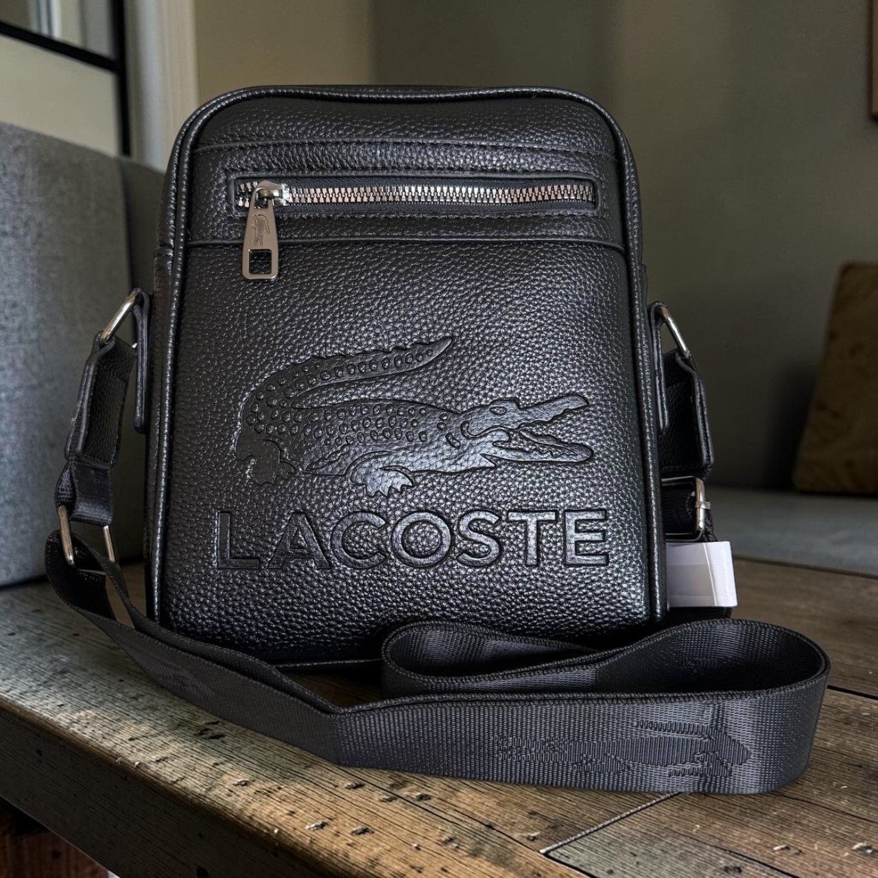 Чоловіча сумка через плече стиль Lacoste, чорна сумка-планшет, компактна чоловіча сумка месенджер з ременем